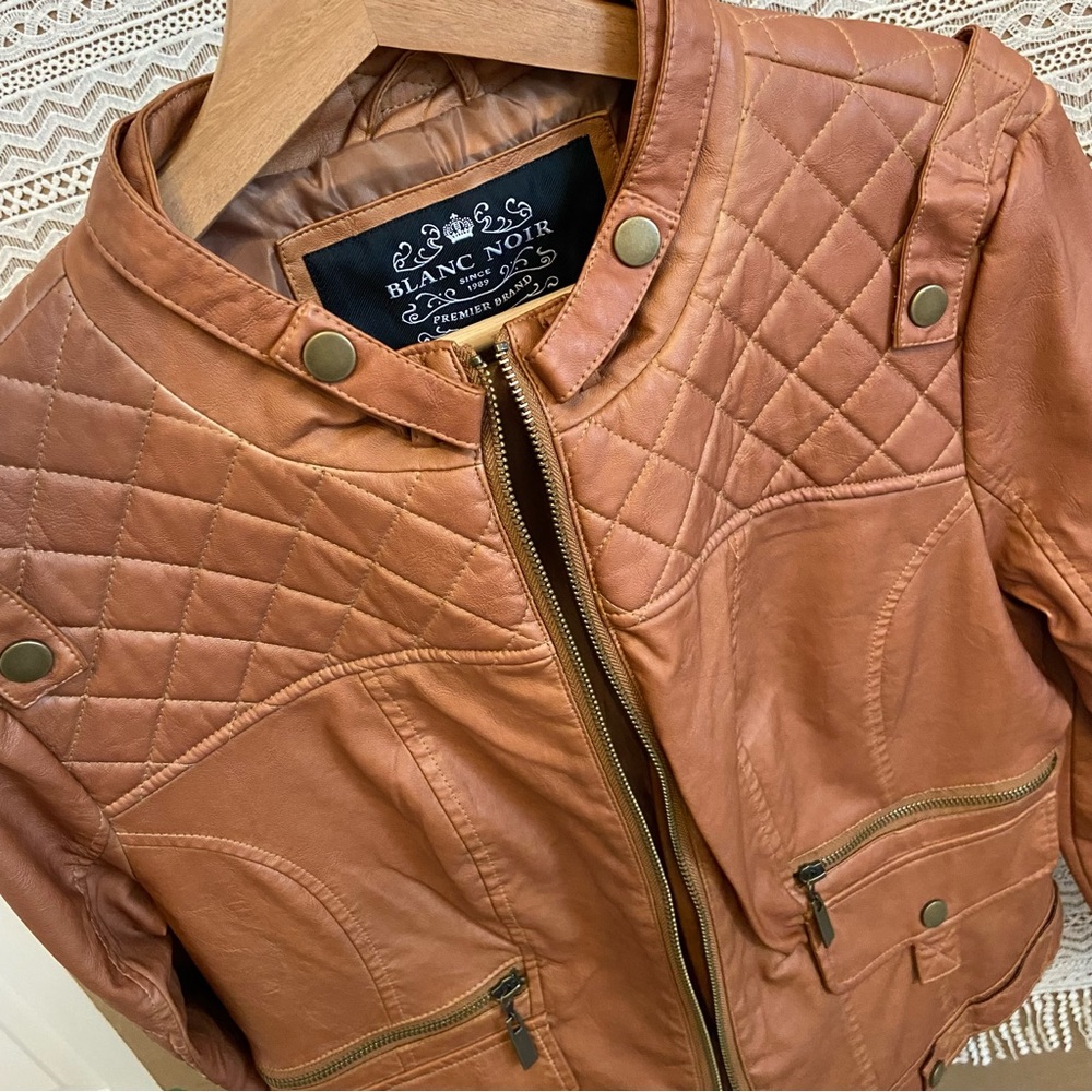 Cognac Quilted Moto Vegan Leather Jacket by BLANC NOIR - Picture 5 of 15